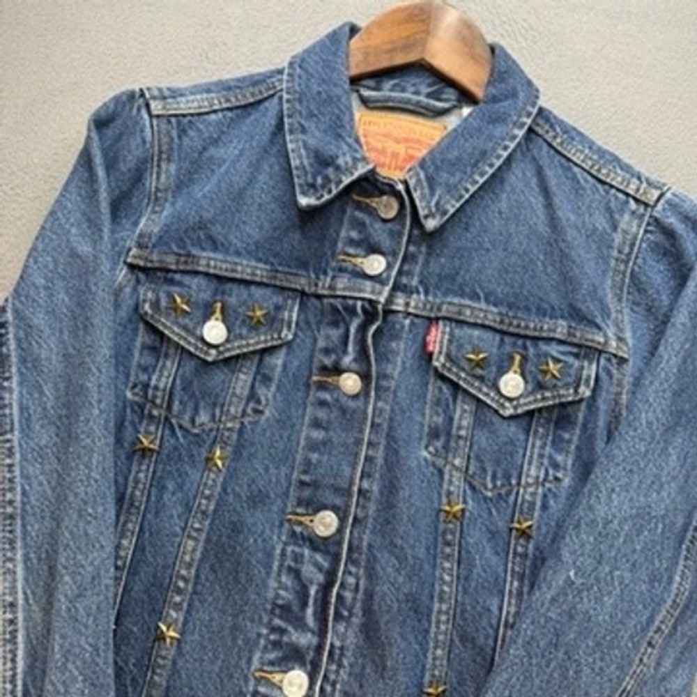 Levis Star Studded Denim Trucker Jacket Regular Womens M Blue Button Front Retro